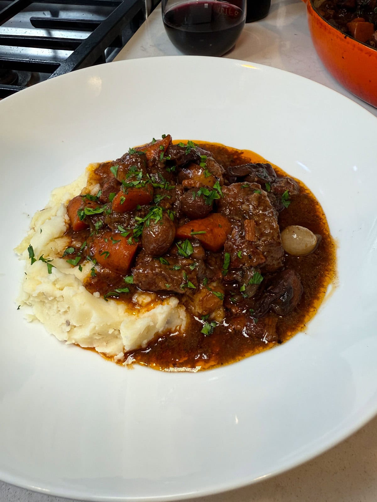 Spoon the stew over mashed potatoes and sprinkle with fresh parsley. A glass of red wine on the side doesn’t hurt either.