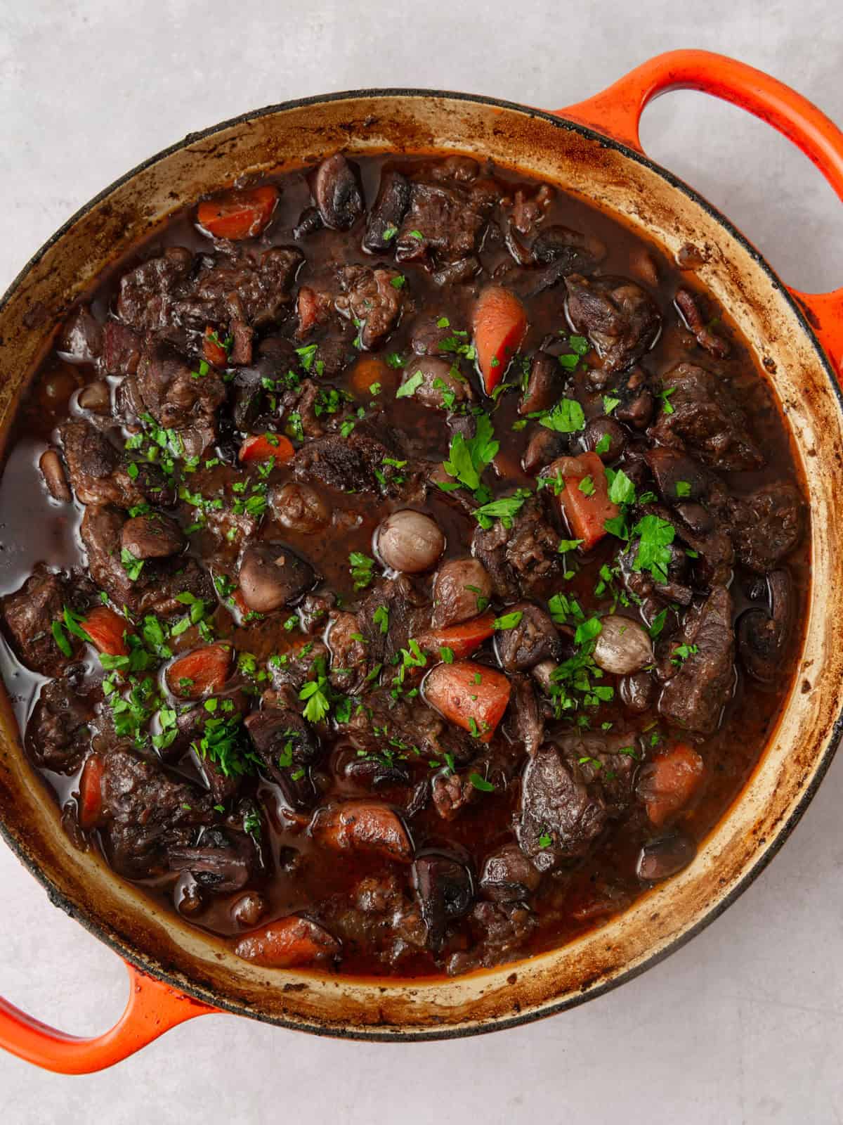 Julia Child's French beef bourguignon with red wine, mushrooms and herbs. 