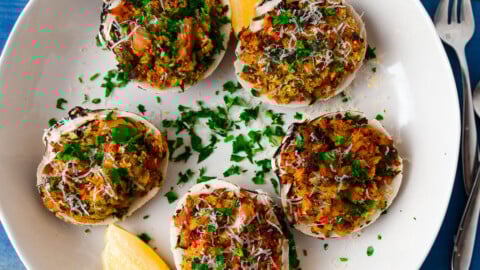 Baked clams casino is loaded with clams, breadcrumbs and bright lemon zest to bring it all together.