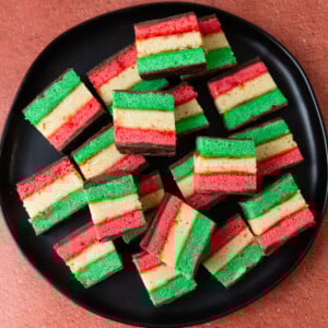 Italian rainbow cookies are also called seven layer rainbow cookies because of their distinct layers.