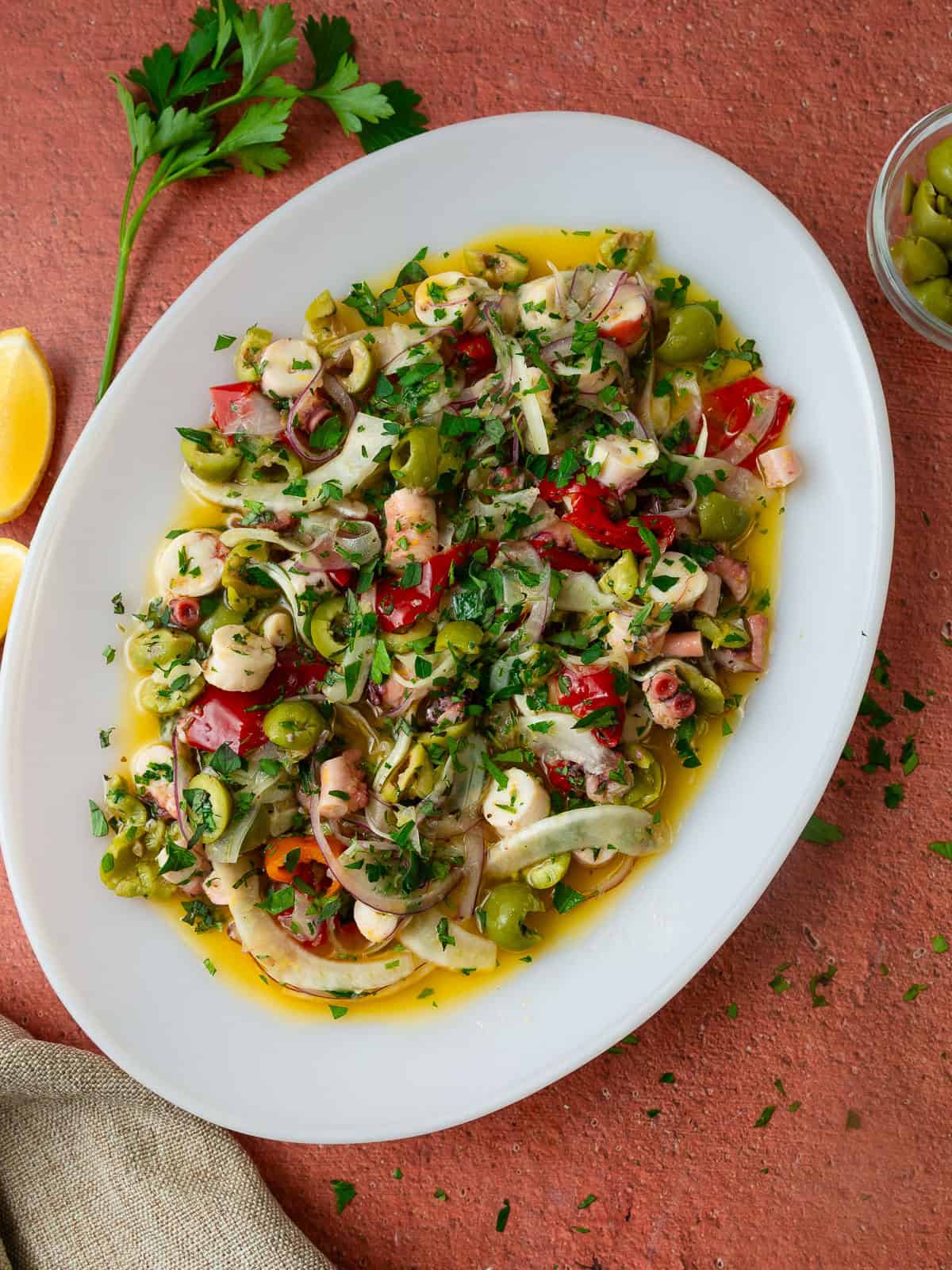 Mediterranean octopus salad with fennel and olives in a lemon vinaigrette.