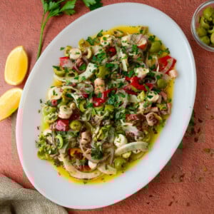 Mediterranean octopus salad with olives in a lemon vinaigrette.