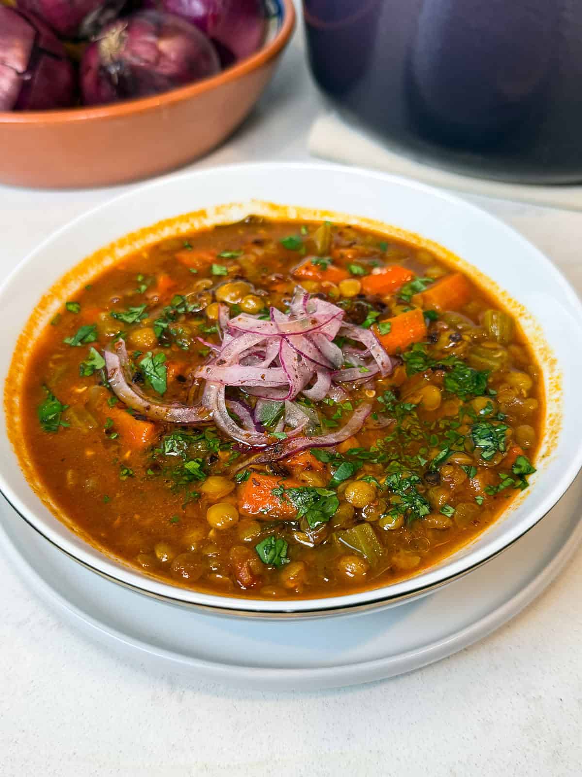 Garnish the lentil soup with thinly sliced onion, herbs and a drizzle of olive oil.