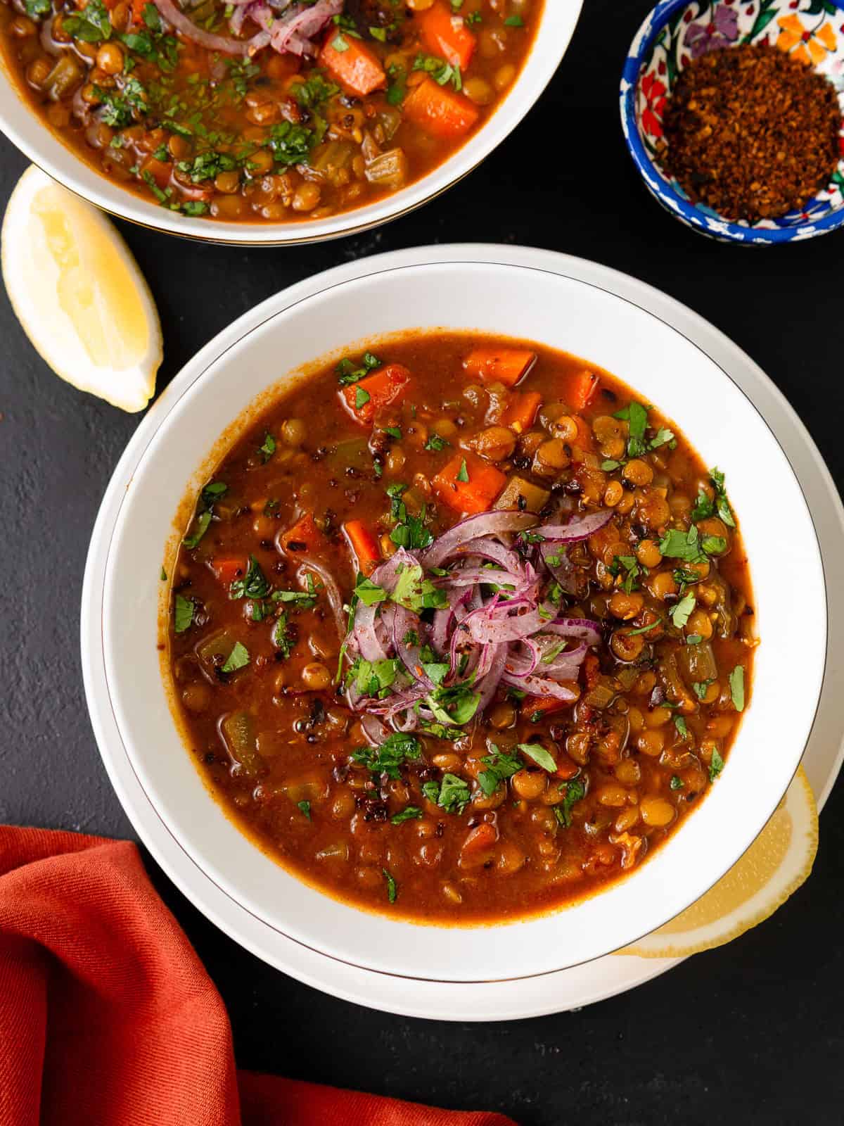 Thsi spiced Moroccan lentil soup is vegan, hearty and full of bold flavors.