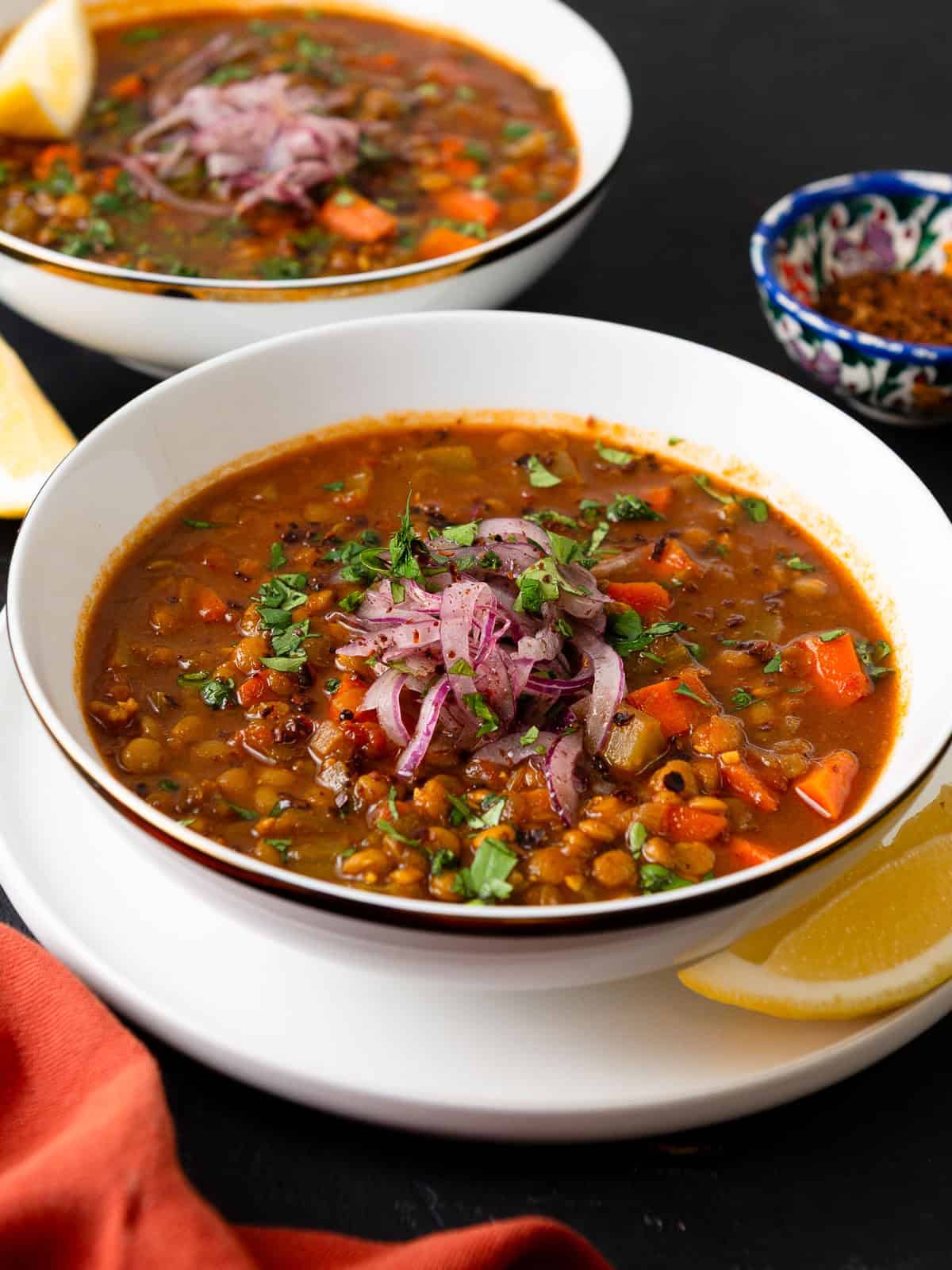 This Moroccan lentil soup is completely vegan, full of bold spices and tender vegetables.