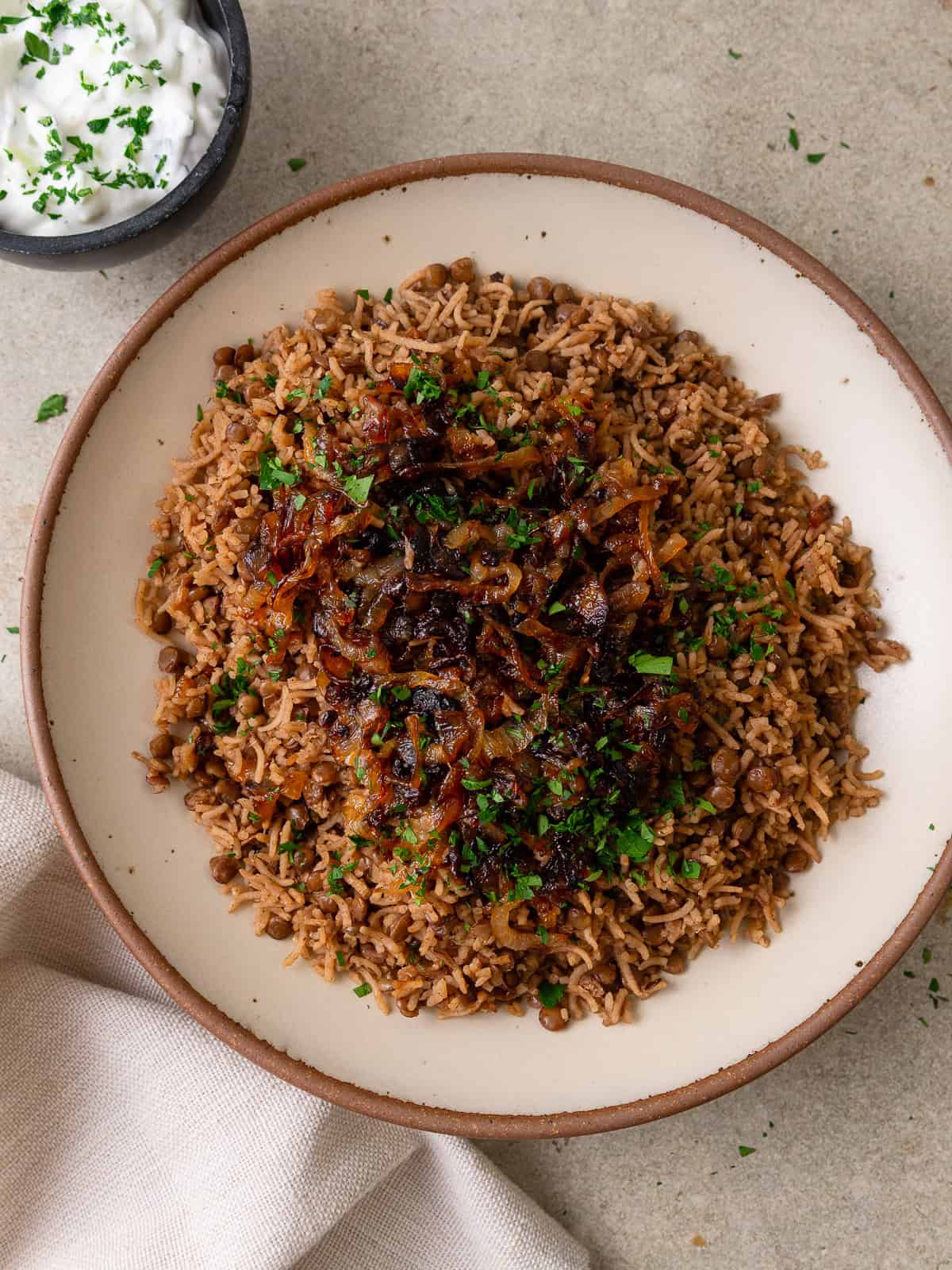 Mujadara is a Lebanese lentil and rice dish with fried onions on top.