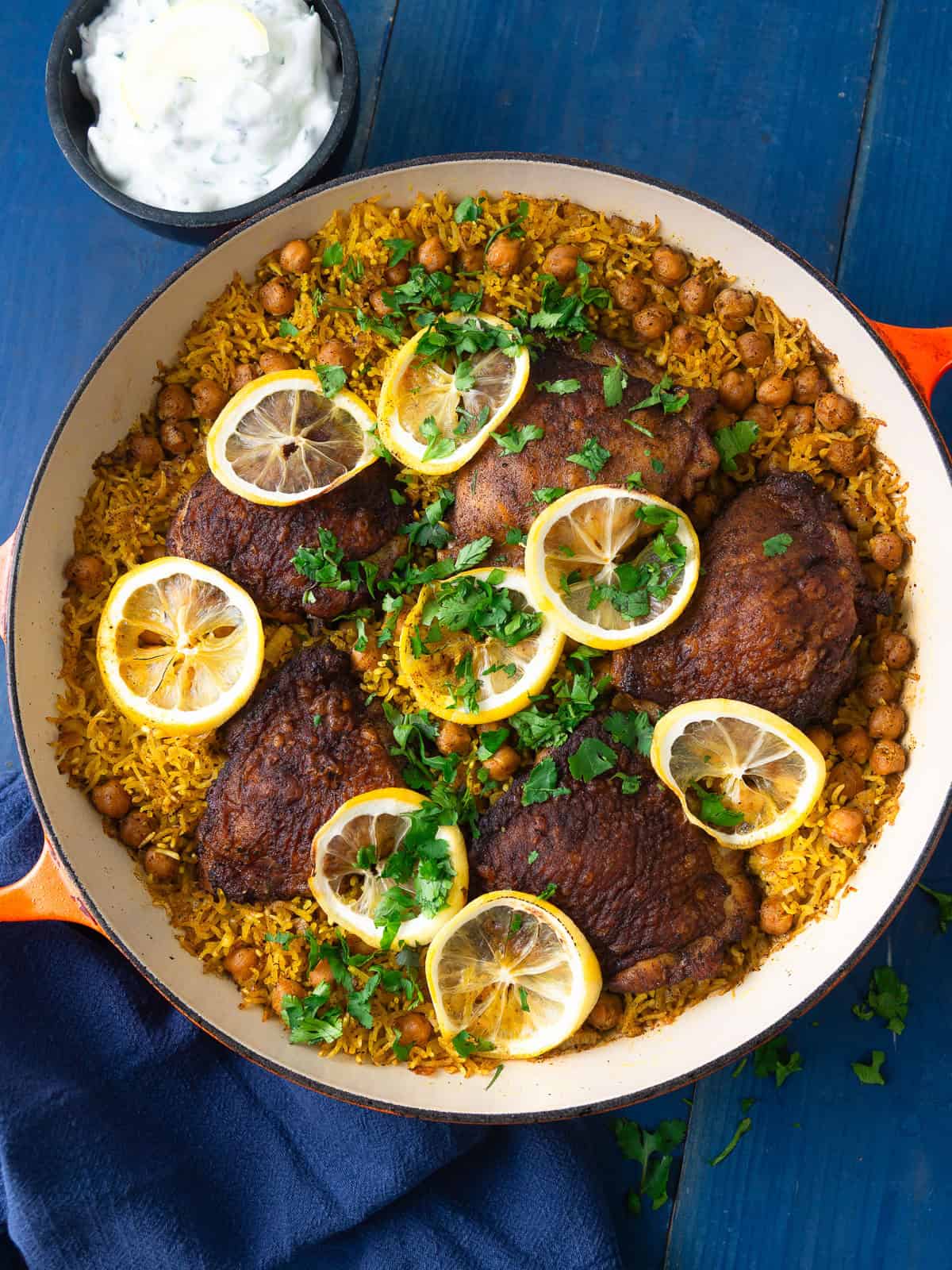 This Mediterranean chicken and rice is made in one pot and layered with bold spices, chickpeas and lemon.