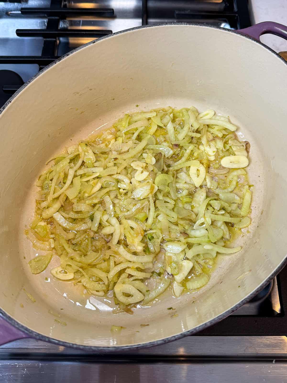 Saute sliced fennel, shallot and garlic.