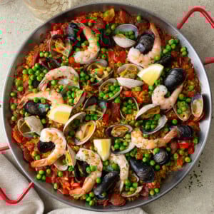Seafood and chorizo paella with clams, mussels and shrimp.