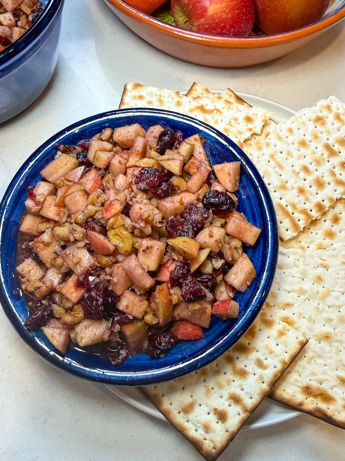 Serve the Passover charoset in a bowl with matzo.