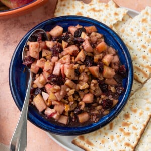 Apple and walnut charoset for Passover is made with chopped apples, walnuts, honey and red wine.