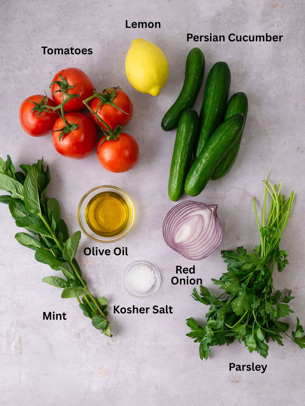 Ingredients for Middle Eastern salad with tomatoes, Persian cucumbers, red onion, lemon and fresh herbs.