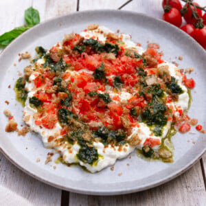 Frozen cherry tomato granita is served on top of creamy burrata filling with basil oil.