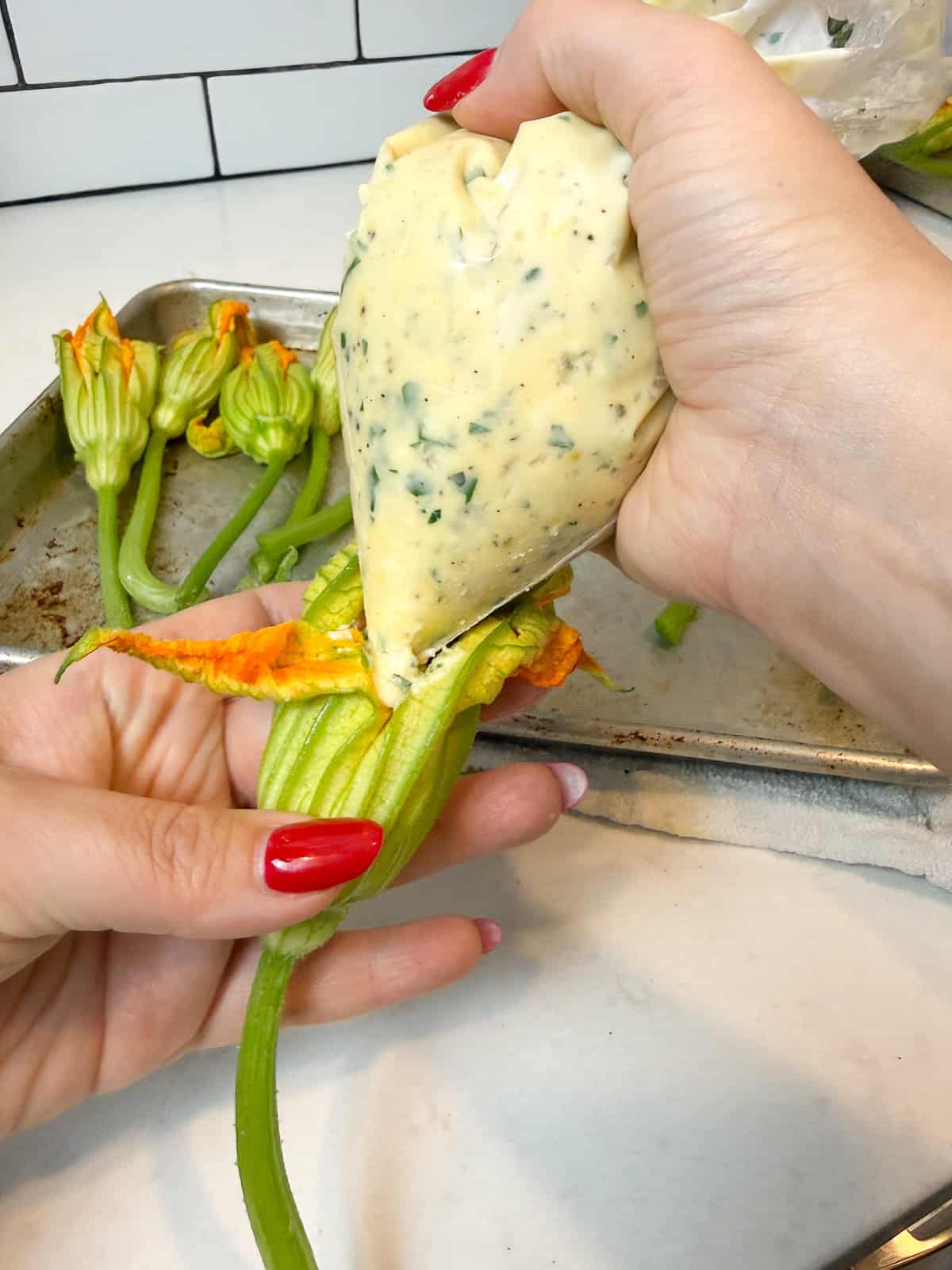 Pipe the cheese mixture into the squash blossom.