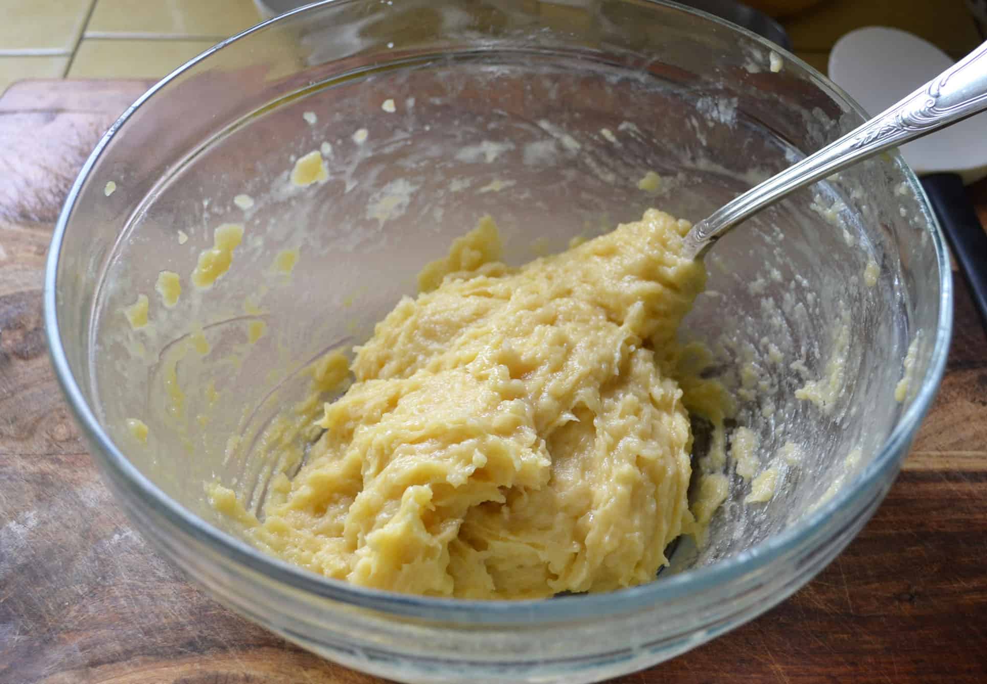 Add the eggs to the dough mixture and mix together, this will be the dough for the Bamieh (Persian donuts).