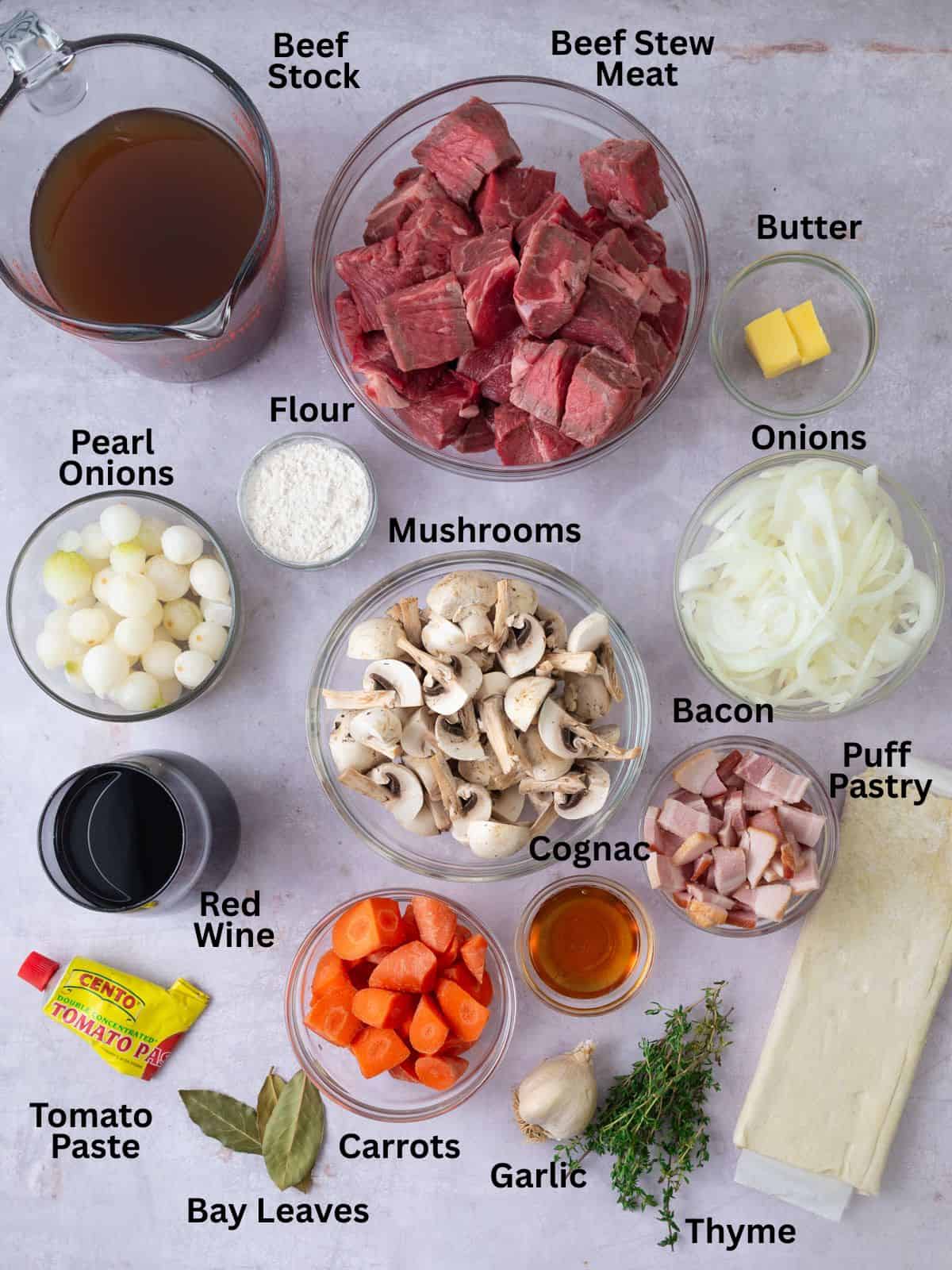 Ingredients for Beef Bourguignon pot pie with puff pastry crust, beef, mushrooms, and pearl onions.