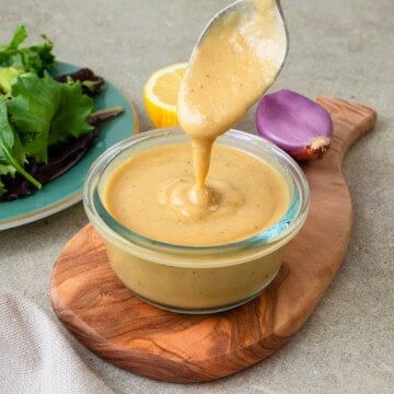 This creamy roasted shallot vinaigrette is savory and tangy and great addition to salads.