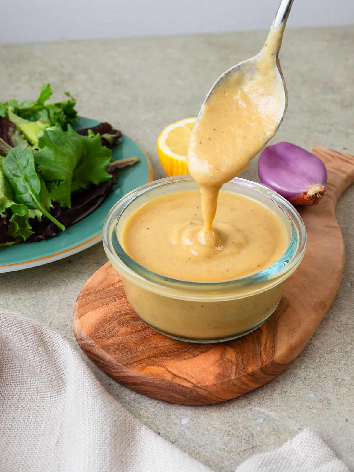 This creamy caramelized shallot vinaigrette is tangy, slightly sweet and perfectly savory.