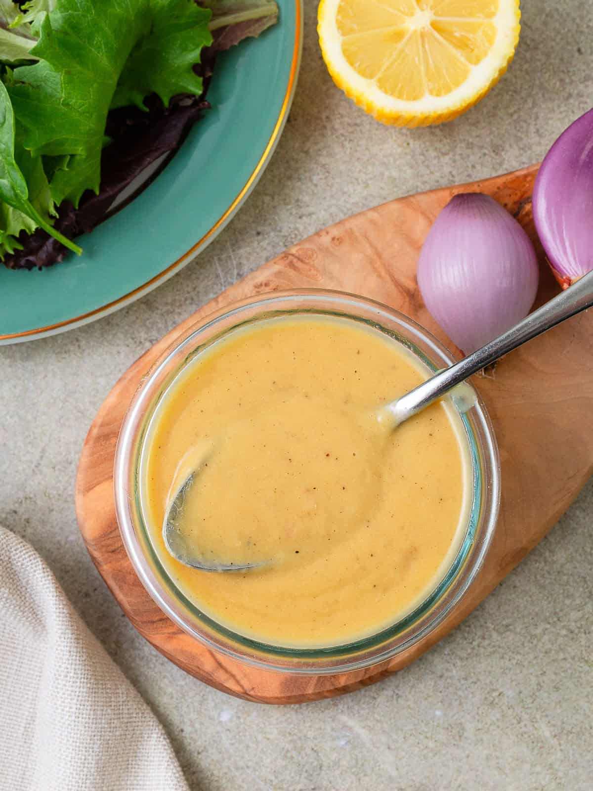 Creamy roasted shallot vinaigrette with lemon, honey and Dijon mustard.