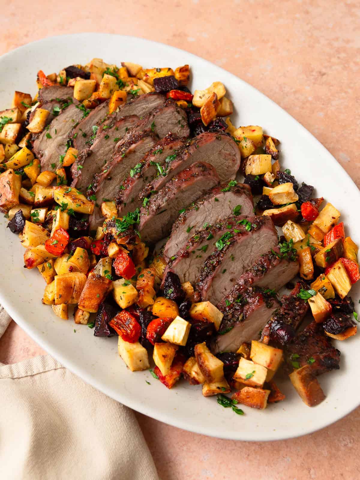 Jam and red wine glazed pork loin with roasted root vegetables.