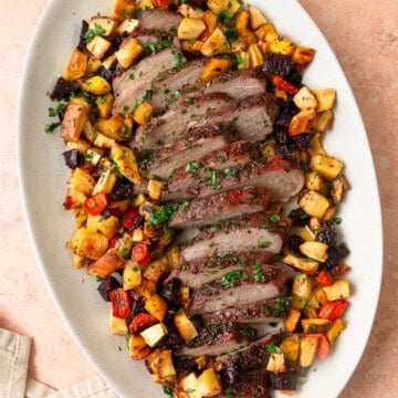 Jam glazed pork loin with roasted root vegetables.